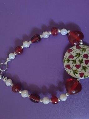 Red Heart & Pearl Beaded Bracelet - Women's Jewelry